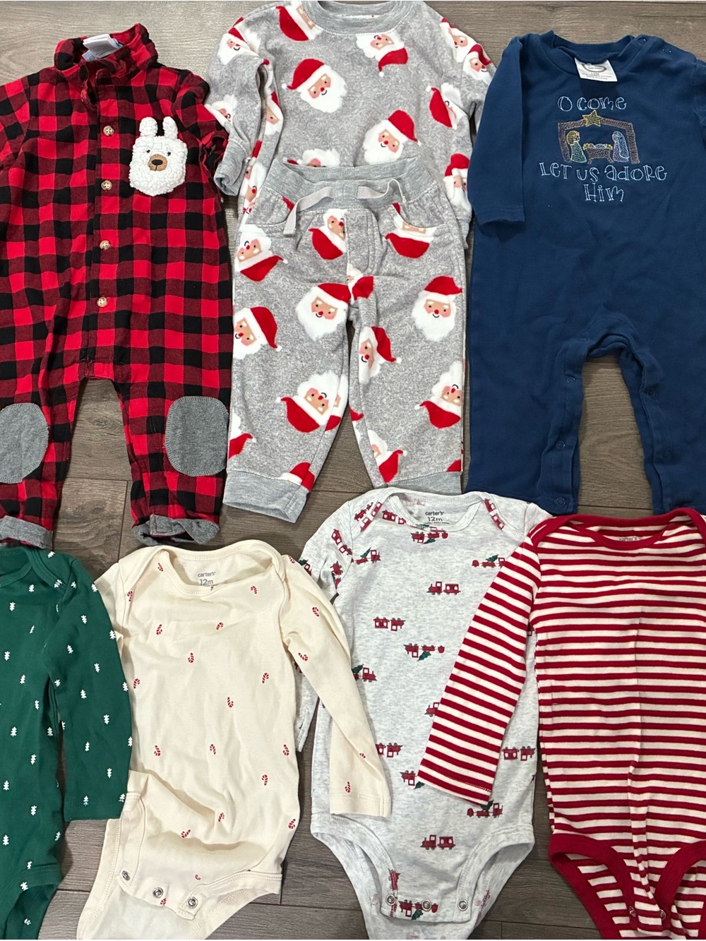 Holiday Baby 12 month set. Bodysuit Lot - Santa, Plaid & Stripes